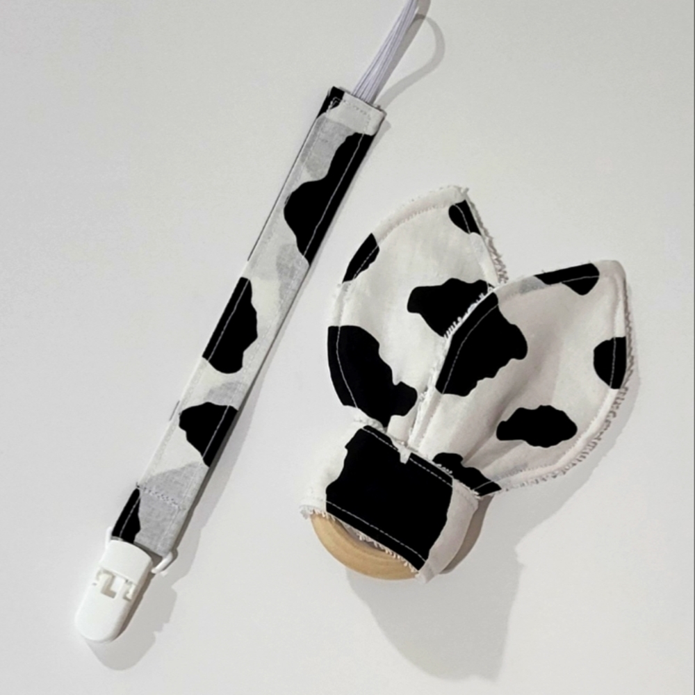 Cow Print Pacifier Clip and Teething Ring Set